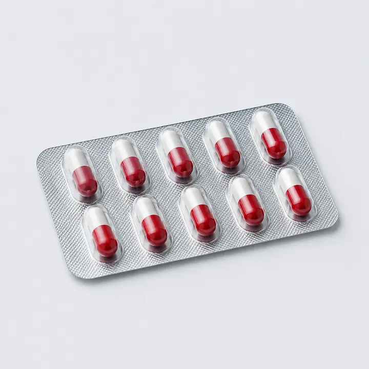 Red and white capsules in a formed blister pack for capsule blister cartoning