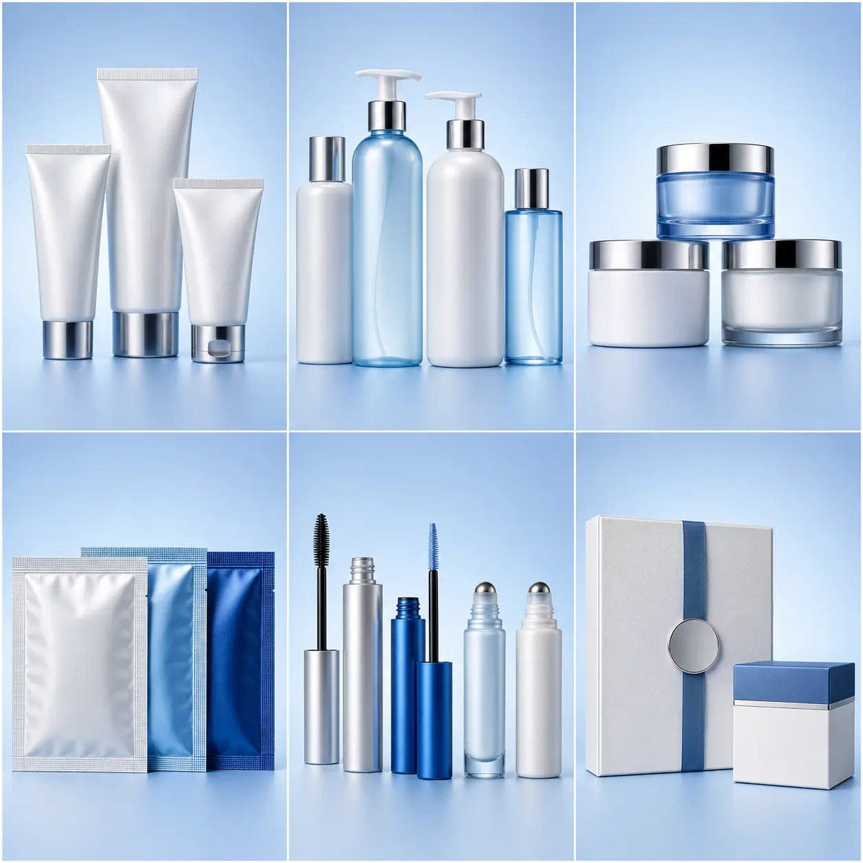 Cosmetic tubes, bottles, jars, sachets, applicators and presentation packs