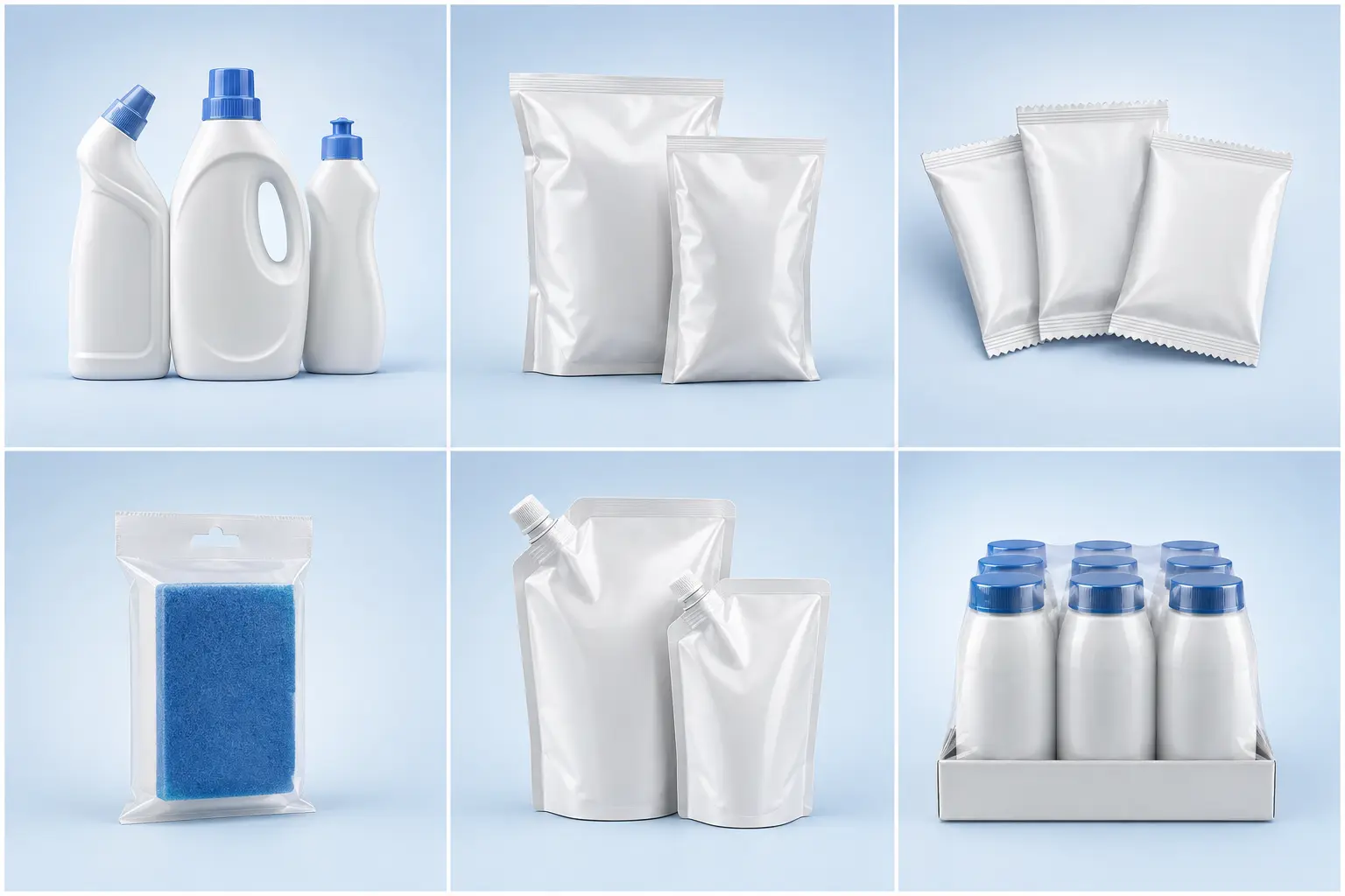 FMCG bottles, pouches, sachets, household products, refill packs and multipacks