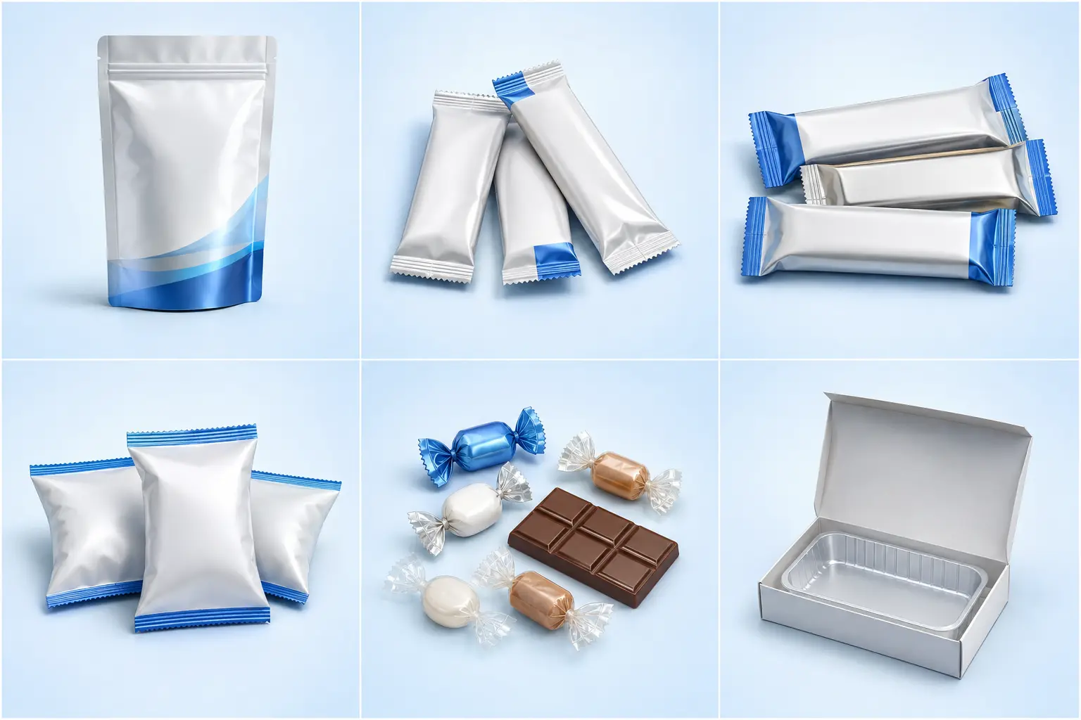 Pouches, sachets, bars, flow-wrap packs, confectionery and presentation cartons