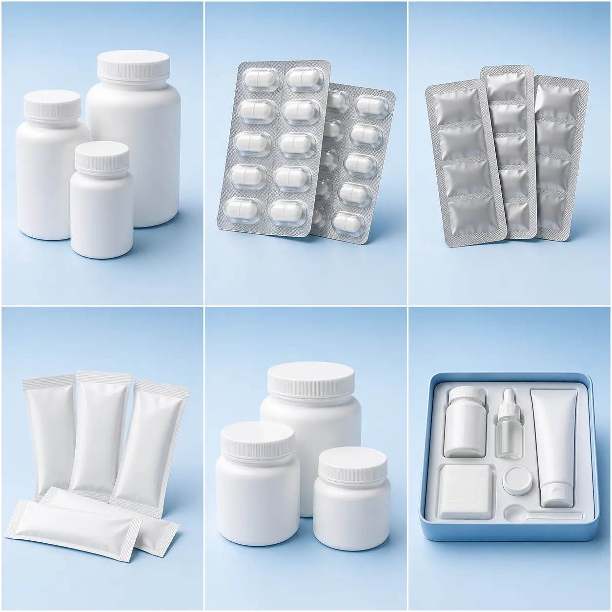 Supplement bottles, blister packs, tablet strips, sachets, jars and healthcare kits