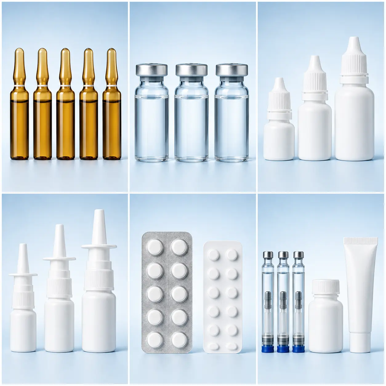 Pharmaceutical ampoules, vials, eye drops, nasal sprays, blister packs and dental cartridges